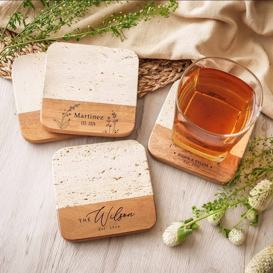 Custom Engraved Coaster Set Personalized Wood and Travertine Marble Coasters for Wedding Housewarming Holiday Gifts