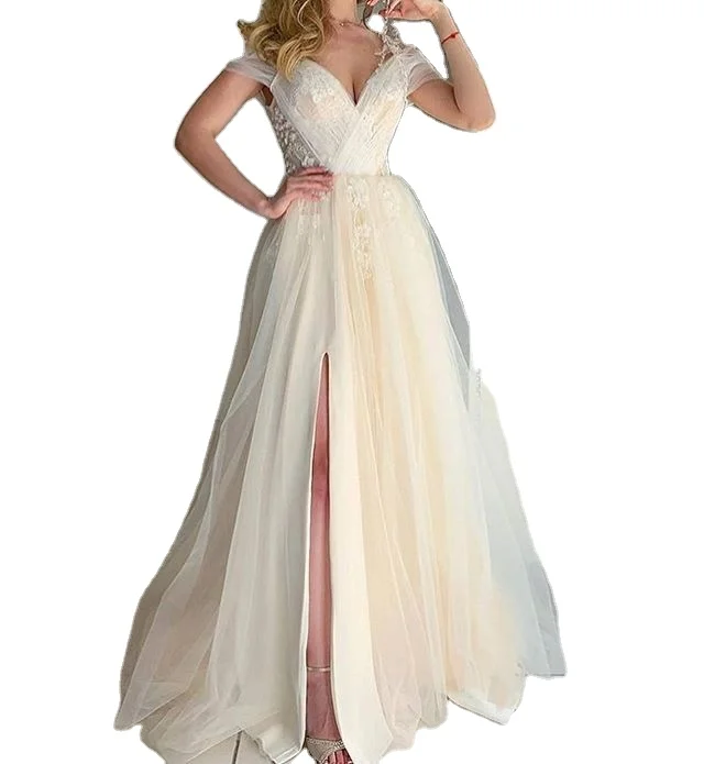 Fashion Ball Gown Sexy V-neck Slit dress Lace Evening Wedding Dress For women