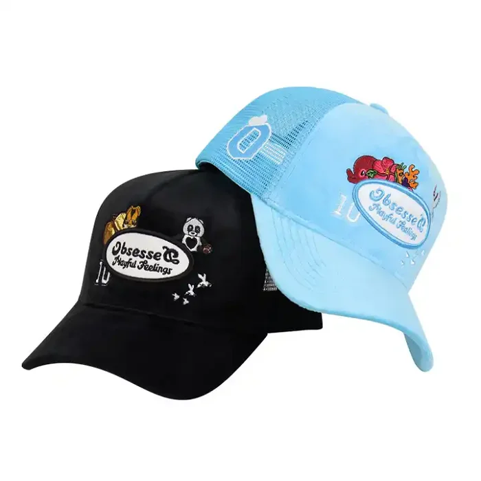 Wholesale Custom Quality Oval Patch Black Velvet Snapback Trucker Hats Mesh Caps