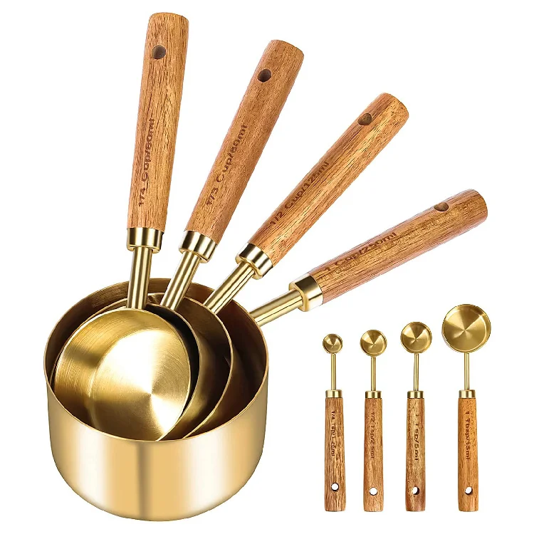 stainless steel coffee measuring spoons measuring cup 8pcs Set of rose gold graduated wooden handle measuring spoon suit