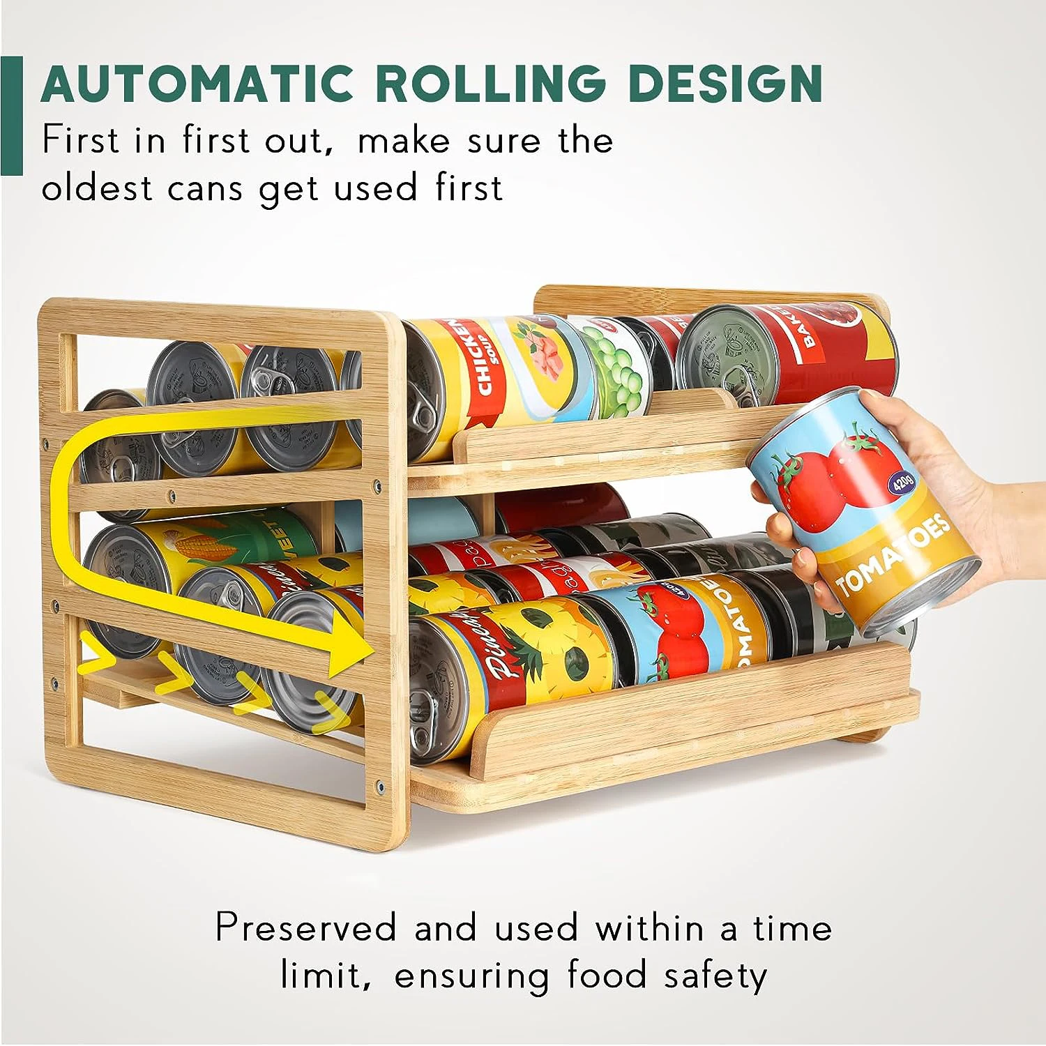Rolling Bamboo Can Organizer Rack Stackable Double-Layer Can Organizers and Storage For Pantry, Canned Goods Holder Dispenser