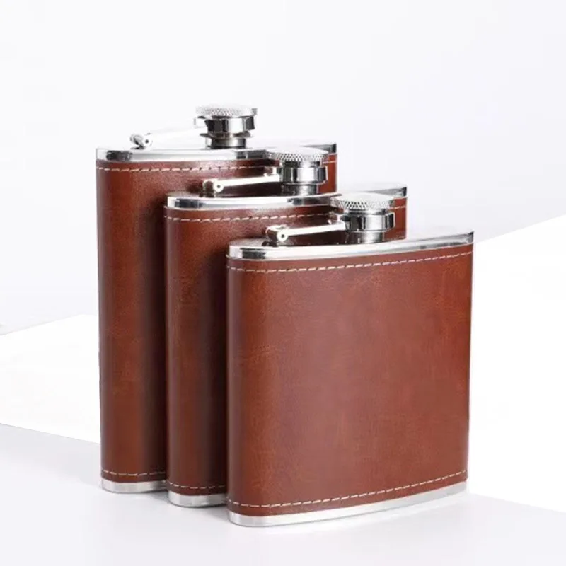Custom 6/7/8oz Leather Liquor Alcohol Flask Wine Bottle Stainless Steel Metal Hip Flask with Funnel Gift Set For Skyy Sobieski