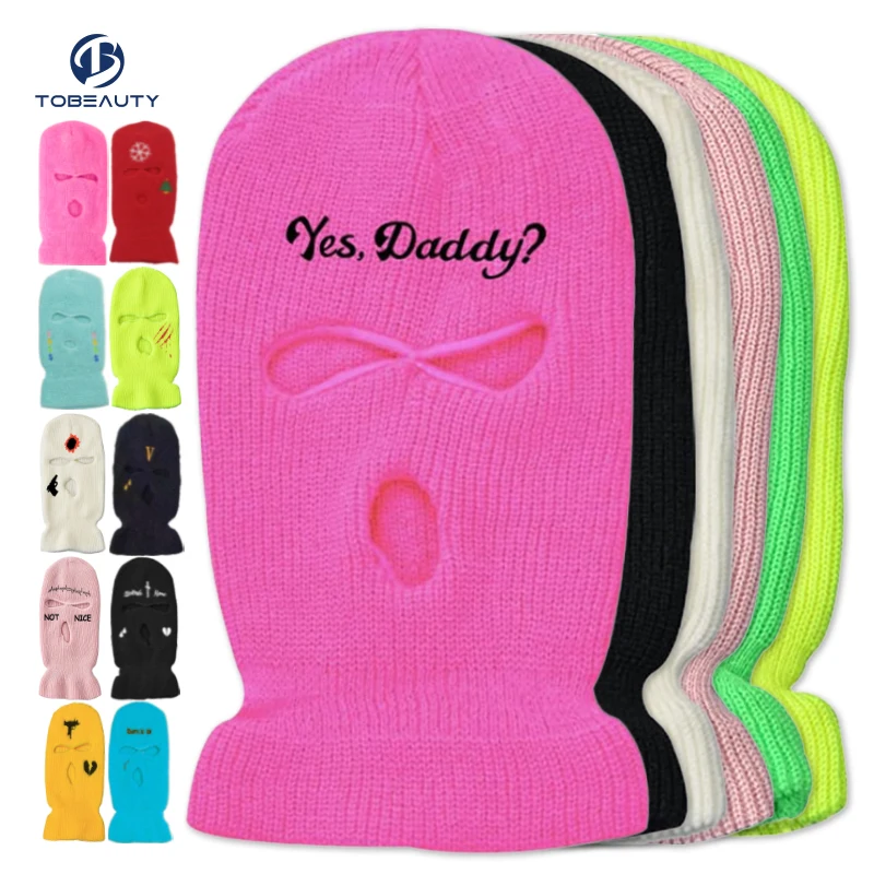 Motorcycle Windproof Full Face Knit Hats Custom SkiMask Men Warm Wool Balaclava embroidery Winter hats Knitted 3 Holes Ski Mask