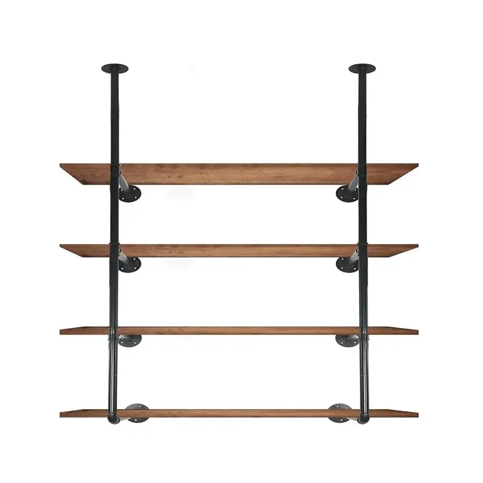 4-Tier mounted hanging Diy metal Shelve bracket wooden floating wall shelves with industrial pipe