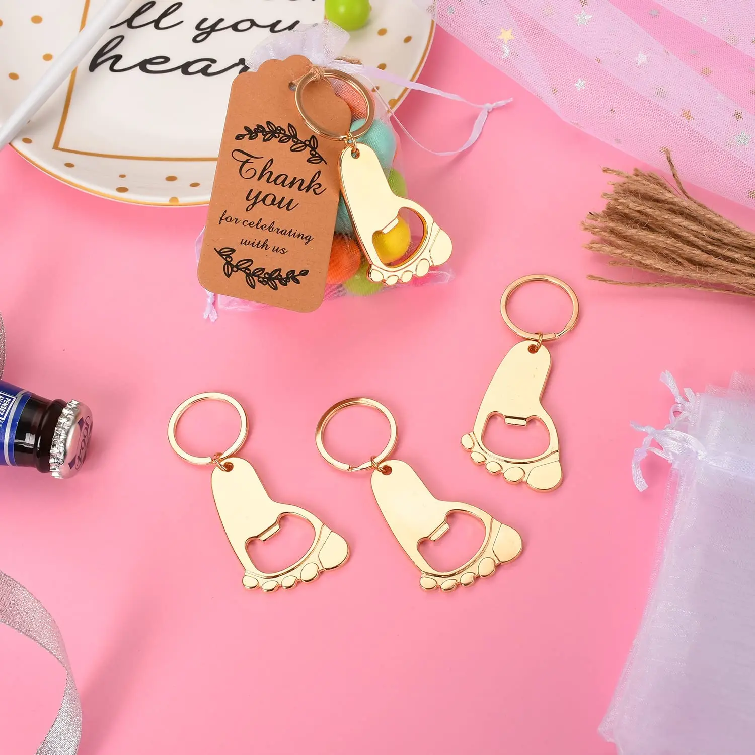Golden Footprint Key chain Bottle Opener Baby Shower Favors Souvenirs with Organza Bags and Thank You Tag