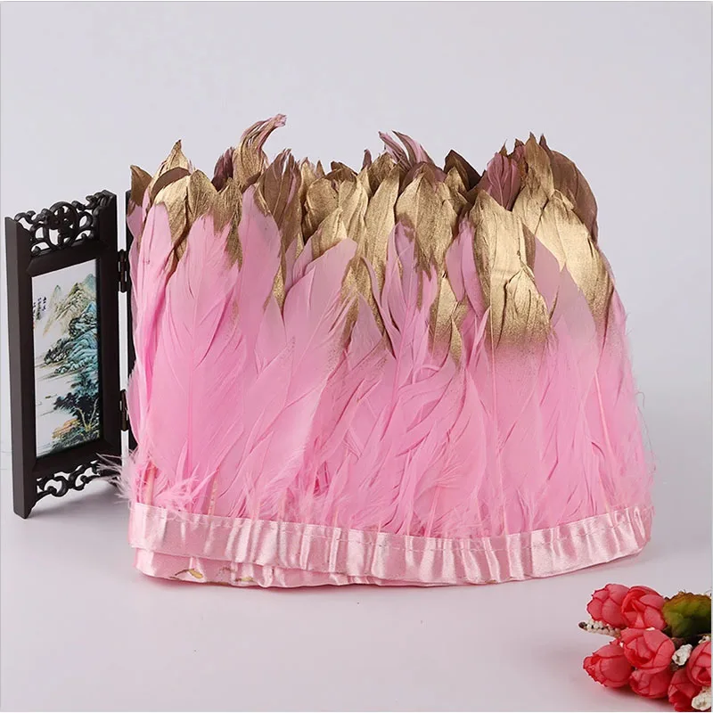 Custom Color Gold Tipped Goose Feather Trim Fringe Trimming