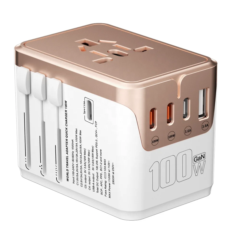 Worldplug International Travel Power Adapter 1 USB Port 4-Outlet Universal Travel Wall Charger GAN 1 USB 4C Adapter Electrical