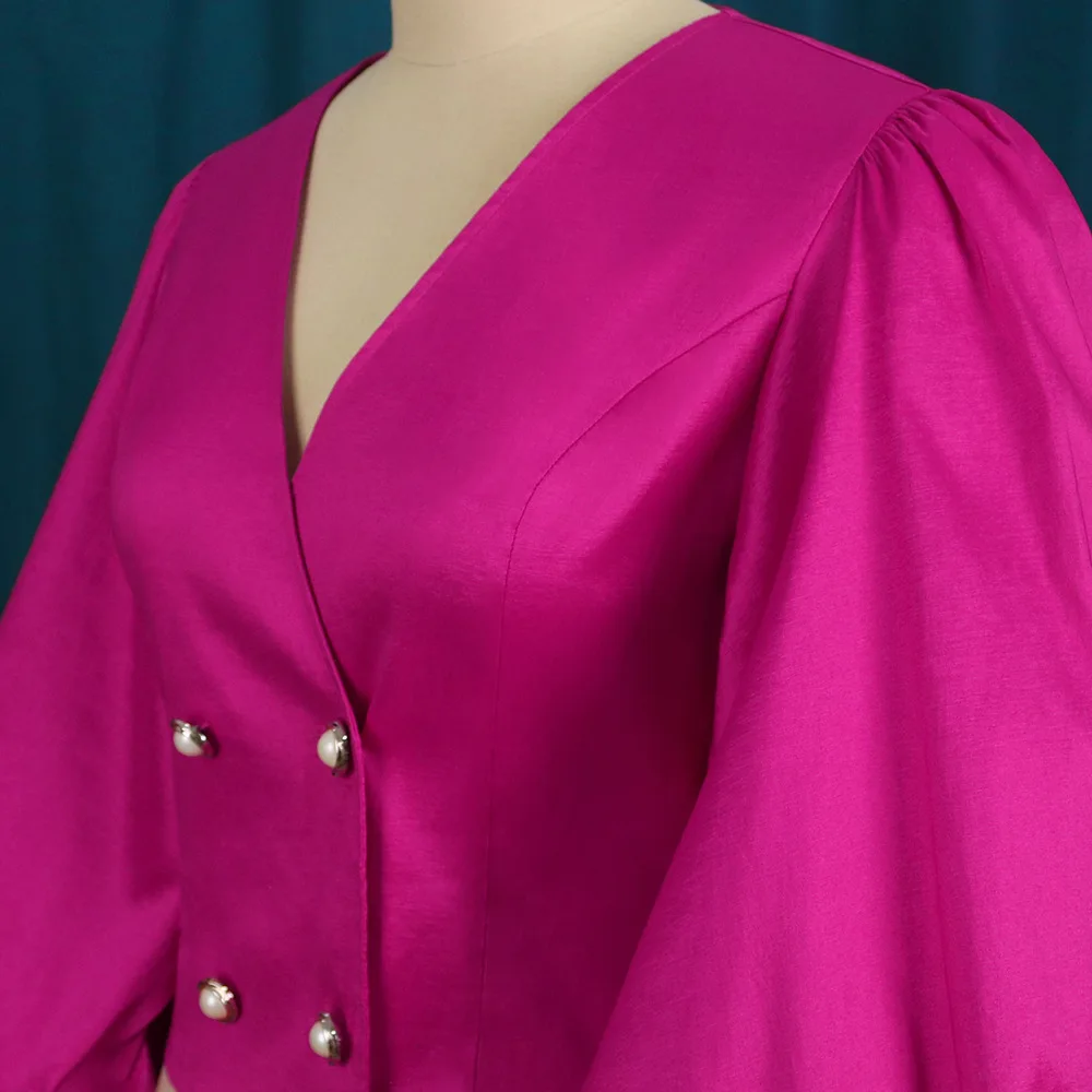 New Female Party Classy Rose Red Blouse Top Woman Plus Size Formal Lantern Sleeve Blouse