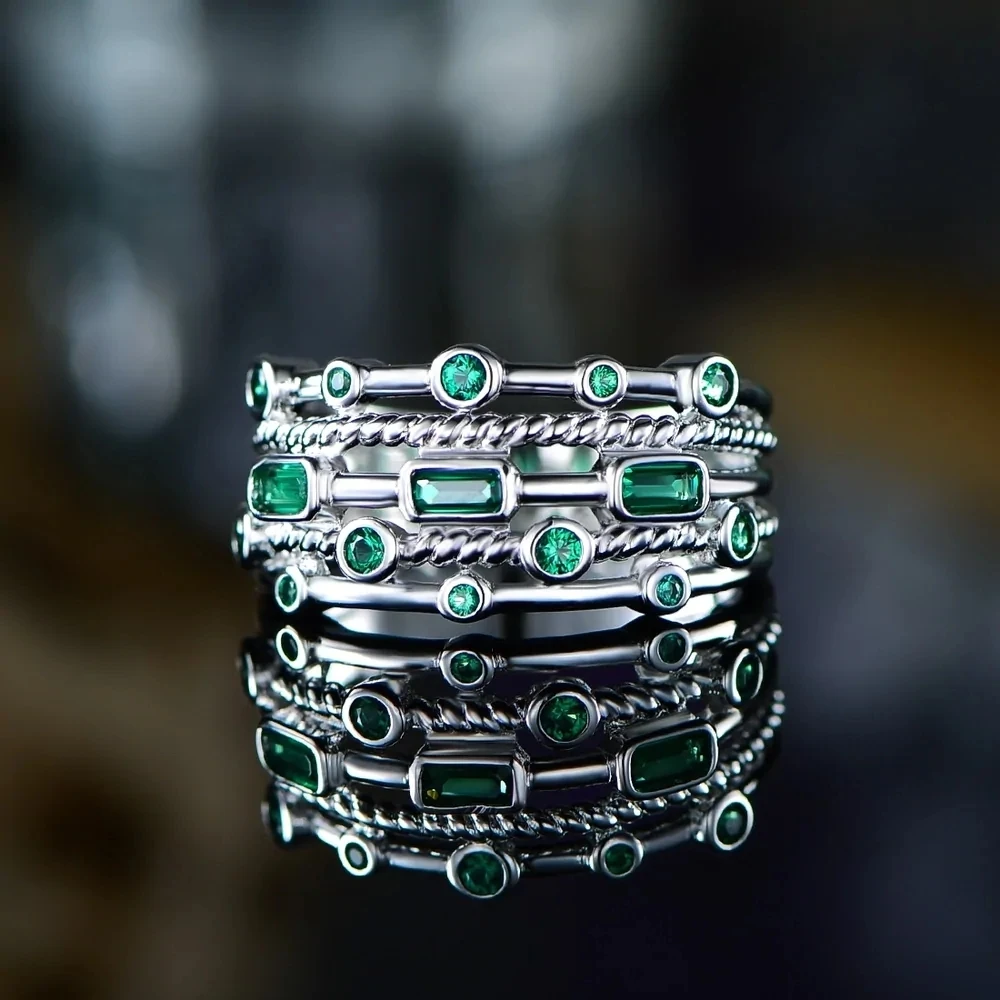 Huitan Stackable 925 Silver Plated Ring Green Blue Many Round Rectangle CZ Rings Double Layer Fashion Silver Dainty Rings