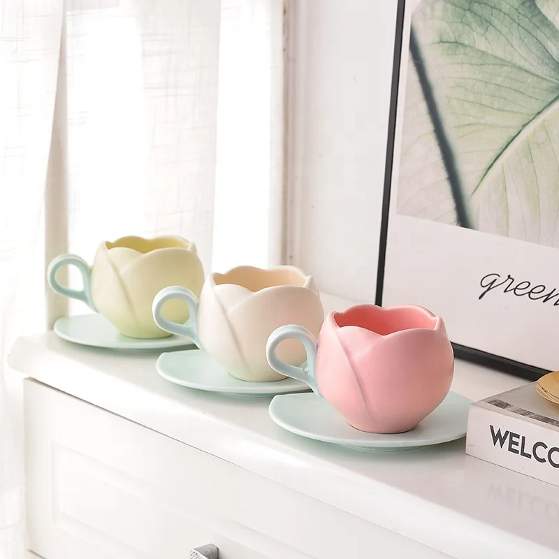 Madou New Arrival 300Ml 10Oz 3D Macaron Pink Lovely Embossed Tulip Shaped Ceramic Porcelain Coffee Cup Ceramic Mug With Saucer