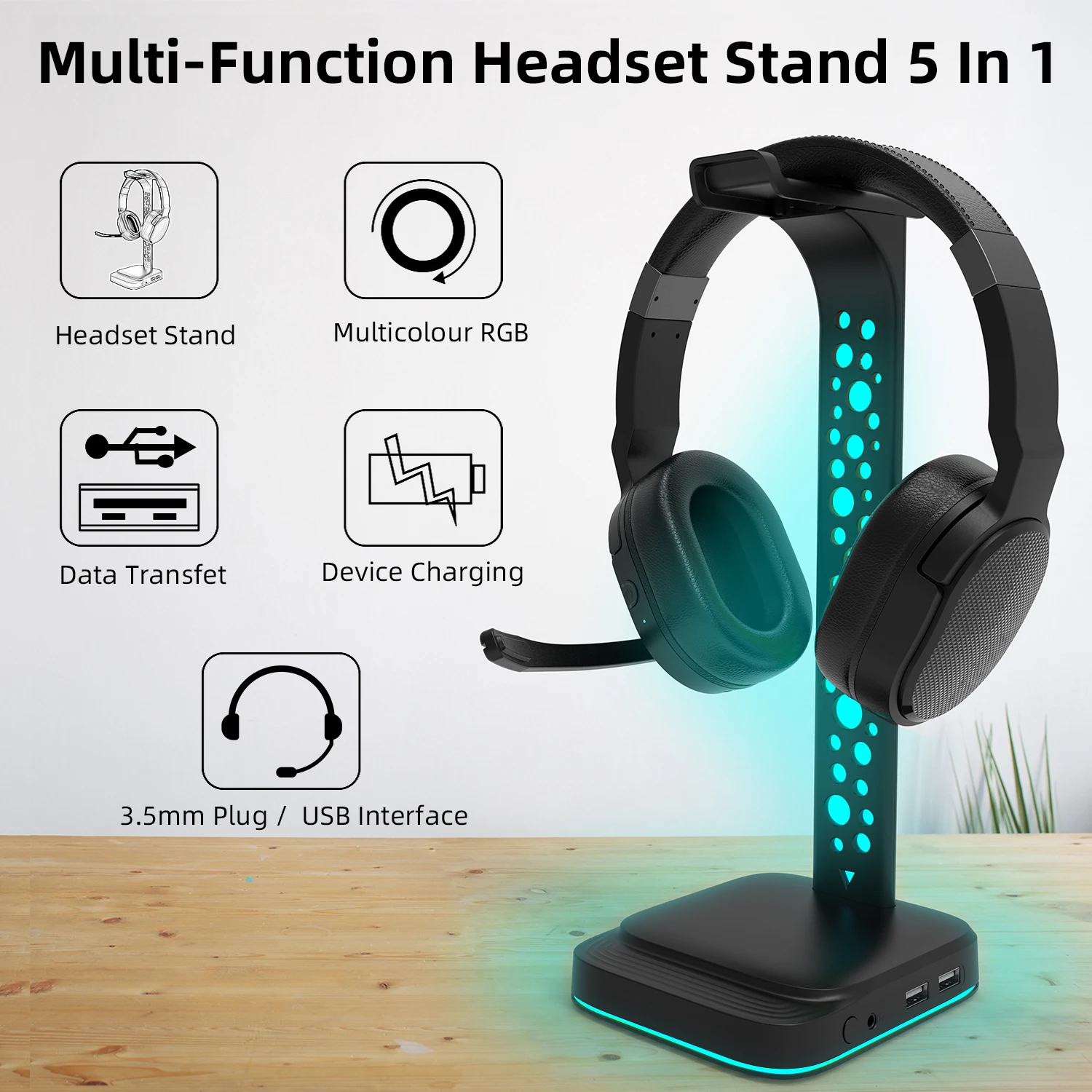 2022 NEW RGB Headphones Stand with 3.5mm AUX and 2 USB Ports Headphone Holder for Gamers Gaming PC Accessories