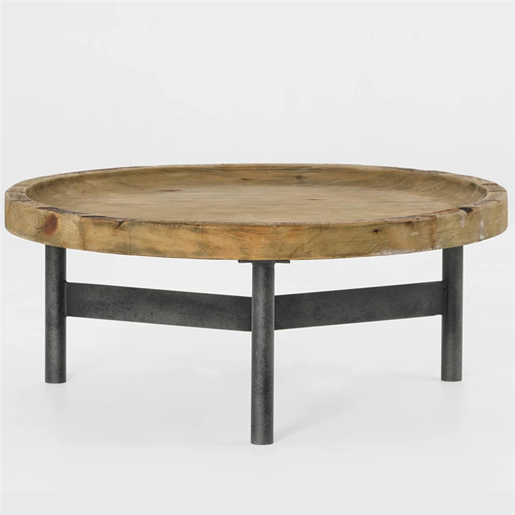 
Smart Coffee Table Round Wooden Industrial Reclaimed Pine Top With Metal Base 