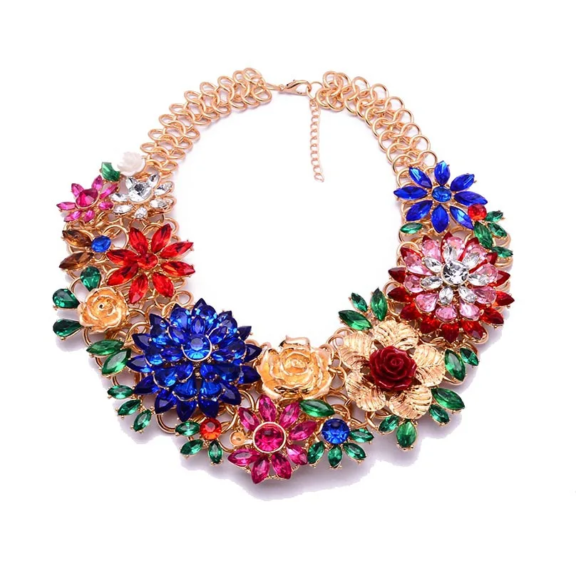 Fashion jewelry Acrylic Bib Crystal Resin gem choker Flower floral statement necklace