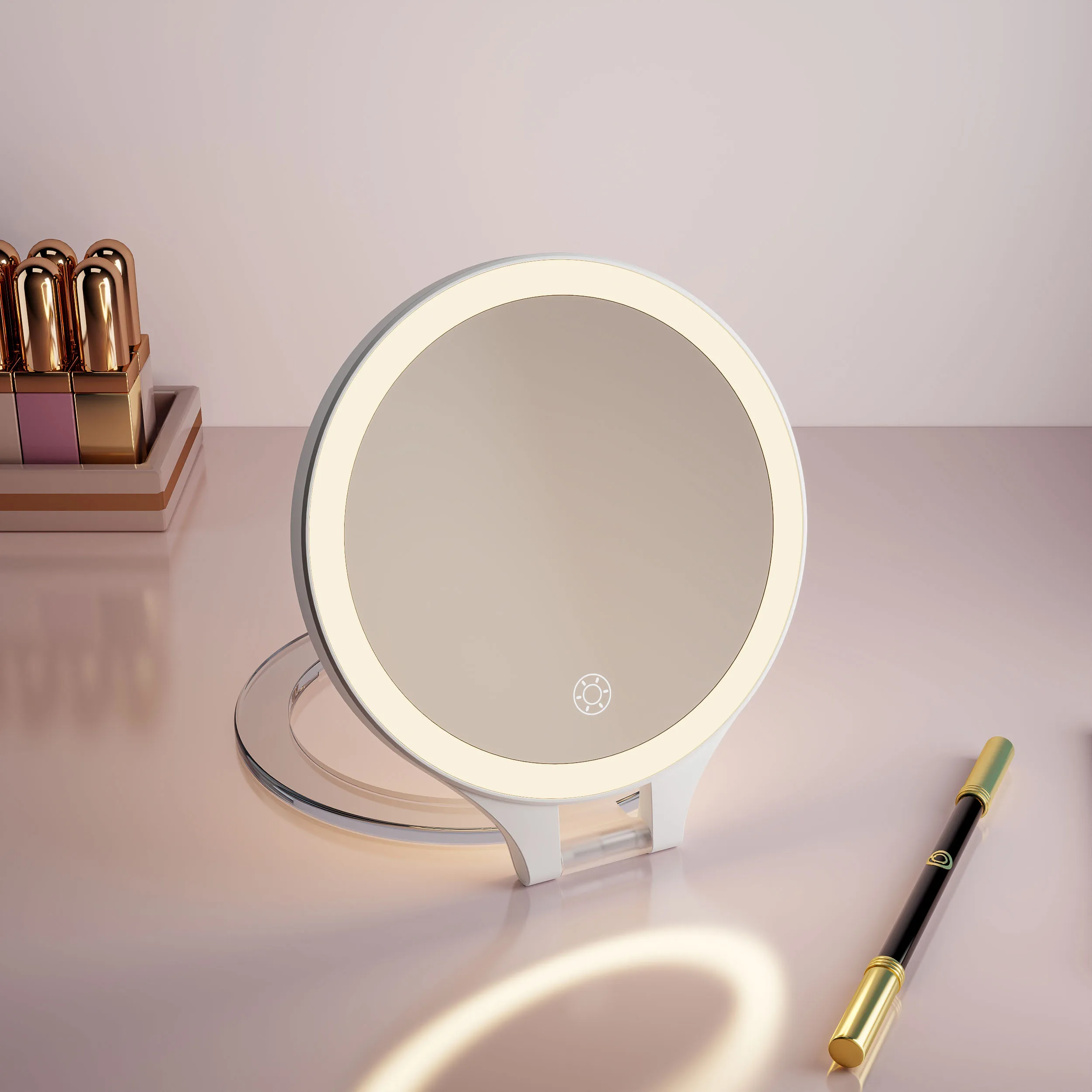 Double Side Round 10x Magnifying Lighted Cosmetic Makeup Vanity Portable Makeup Mirror With Led Light Folding Travel Mirror