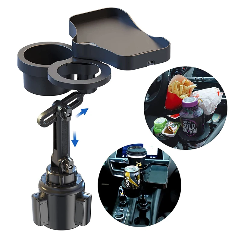 Adjustable Multi Car Cup Holder Expander Adapter with Wireless Charging Tray Rotatable Car Multi-layer Cup Phone Holder