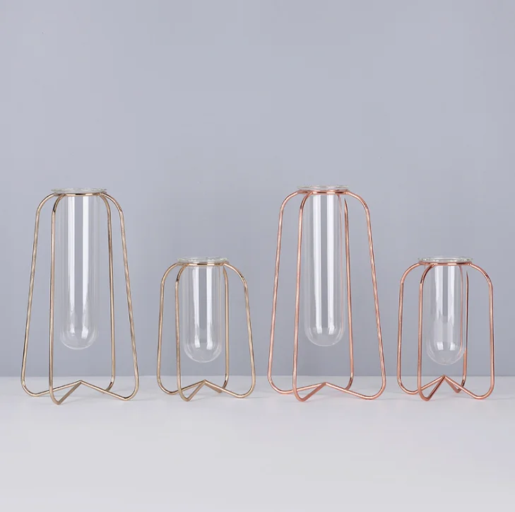 Ins hot sale High quality Metal Frame Wrought Iron Flower Glass Vase Decorative metal wire flower vase For Home Decor