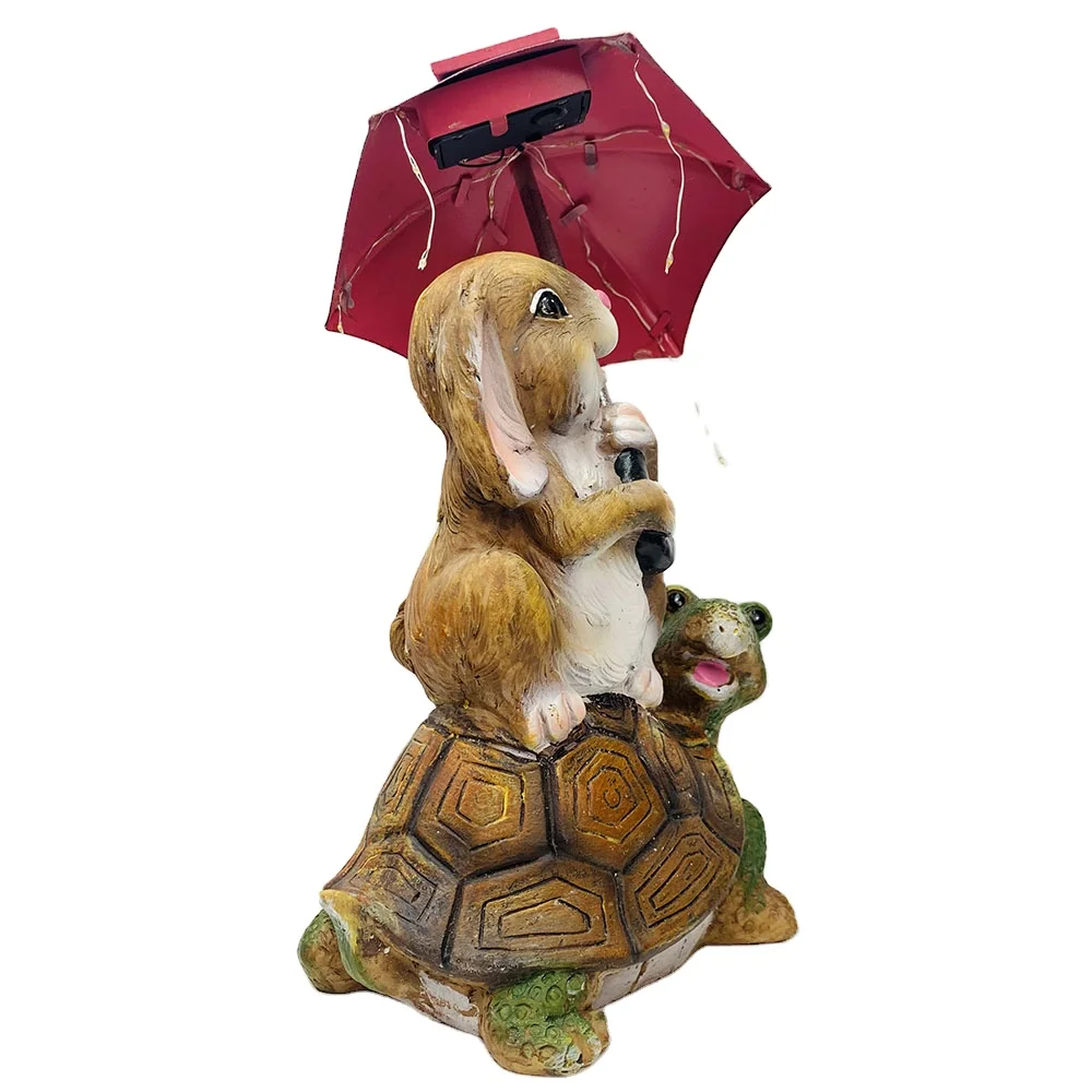 Easter Bunny Solar Garden Statue Outdoor Decor,Rabbit Siting on Turtle Holding an Umbrella with String Lights