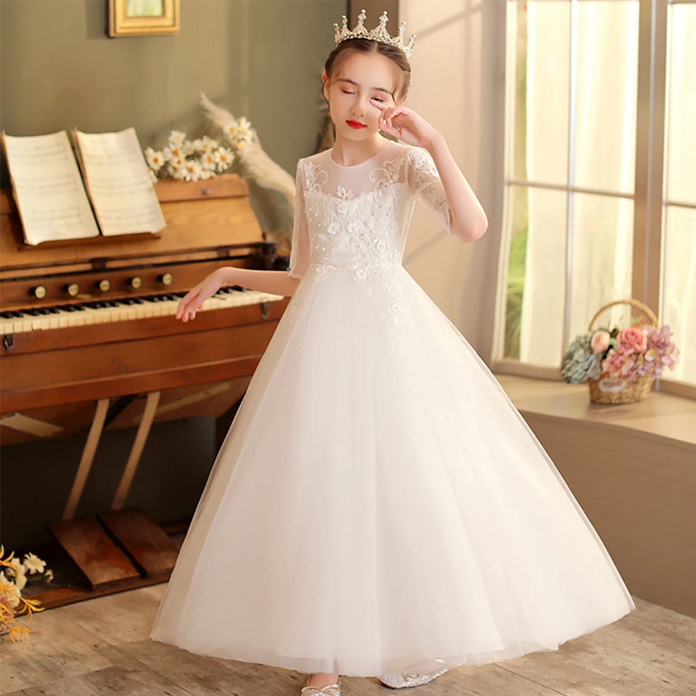 White Flower Girls Dresses With Ribbon Tulle Girls Party Dresses For Wedding