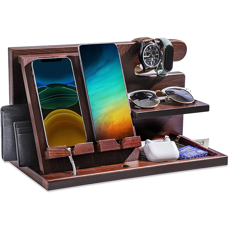 Wood Phone Docking Station and Nightstand Organizer Holds Cellphone Key Smartwatch Wooden Charging Station Accessory