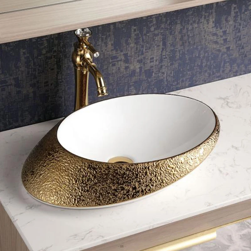 OEM Luxury Ceramic Art Oval Bathroom Vanities Countertop Basin Royal Rose Gold Wash Basin Sinks