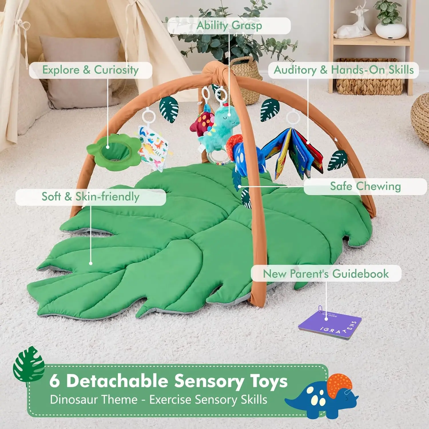 Baby Play Mat Baby Gym Large Space Leaf Shaped Baby Tummy Time Play Mat Activity Crawl Mats with 6 Dinosaur Sensory Toys