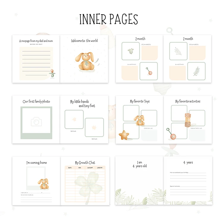 Custom Printing Linen Cover Gold foil Baby Keepsakes First Year Memory Book Milestone Baby Book