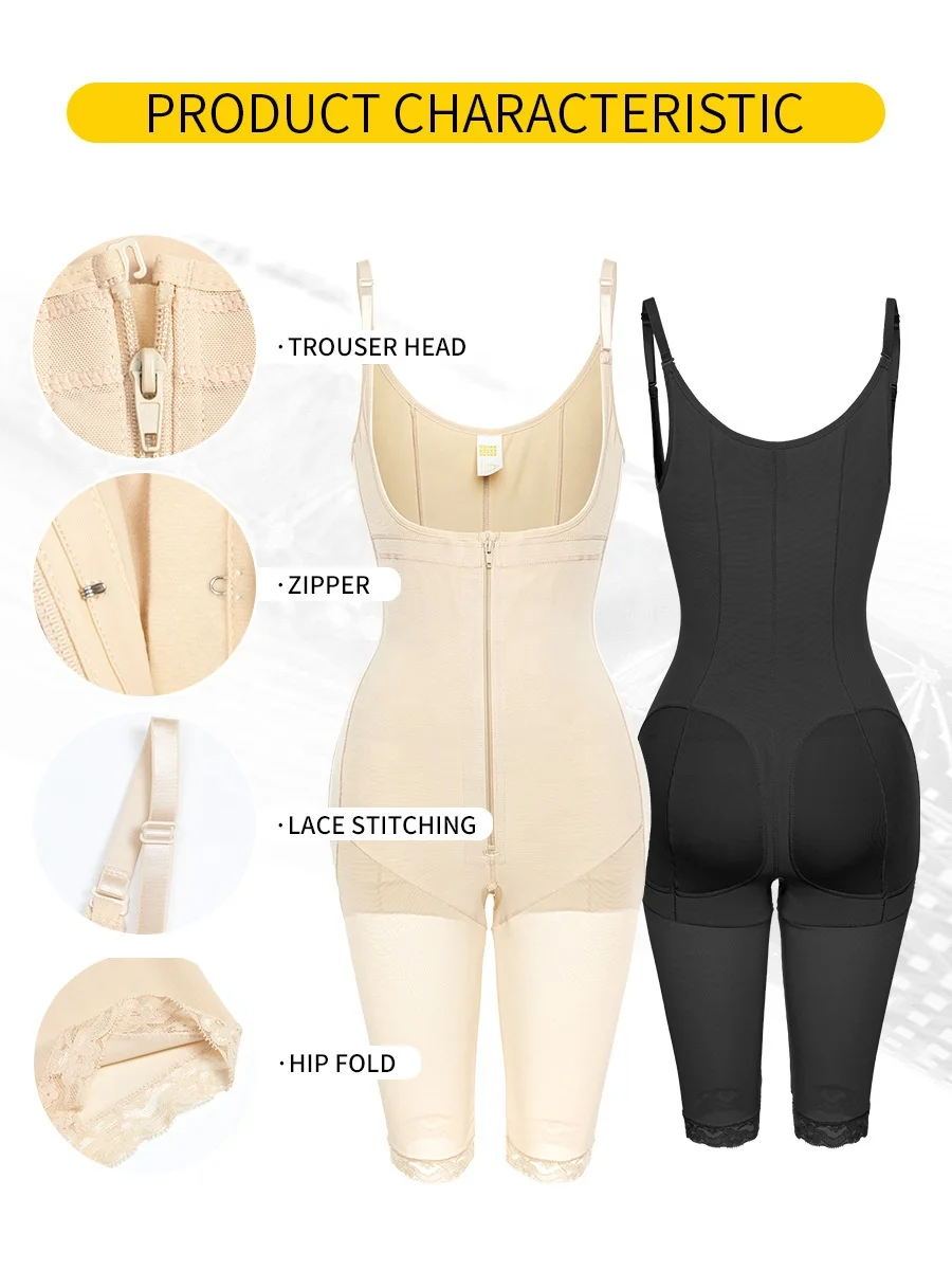 Plus size women slimming adjustable strap zipper button tummy control waist trainer butt lifter mid-thigh pants bodysuit fajas