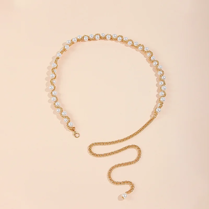 Adjustable Women Girls Pearl Beads Metal Waist Chain Belt Fashion Belly Jewelry for Ladies Dresses
