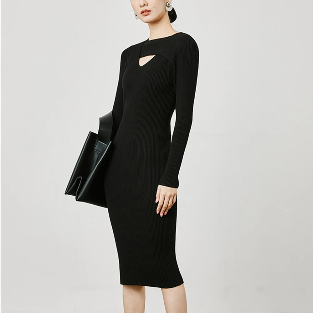 GUOOU OEM customize hollow cut out high waist slim long niche wool mix knit sweater dress