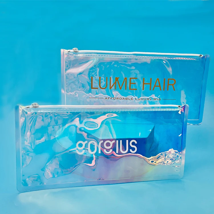 China manufacturers one-stop custom water proof wig jewellery packaging small cute pvc clear holographic bag with zip
