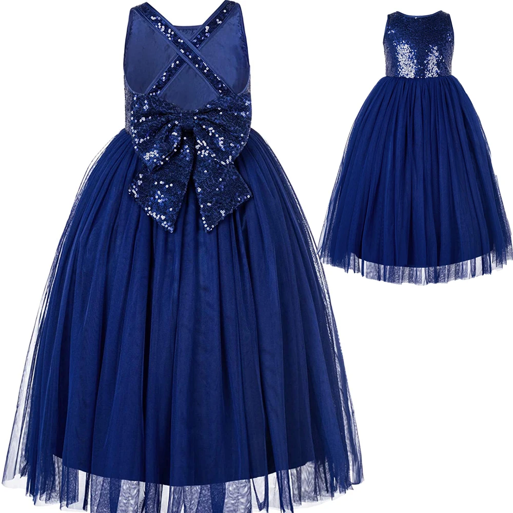 Supply High Quality Elegant Tulle Beautiful Formal Ruffle Sequins Blue Fairy Long Maxi Tutu Dresses With Bow