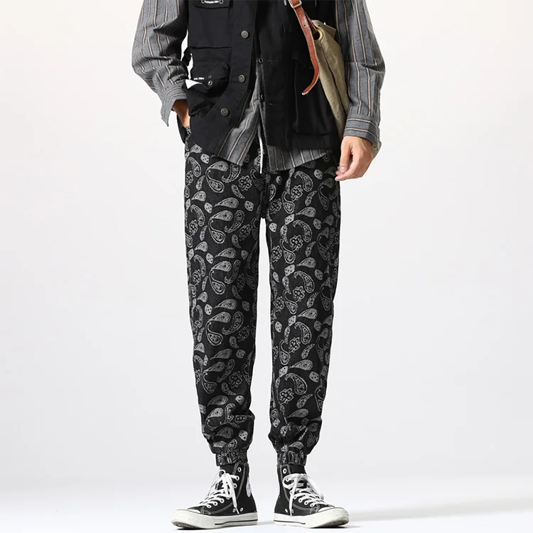 Fashion Hip Hop Ankle Banded Pants Custom Laser Printed Jeans Logo Drawstring Jeans for Men