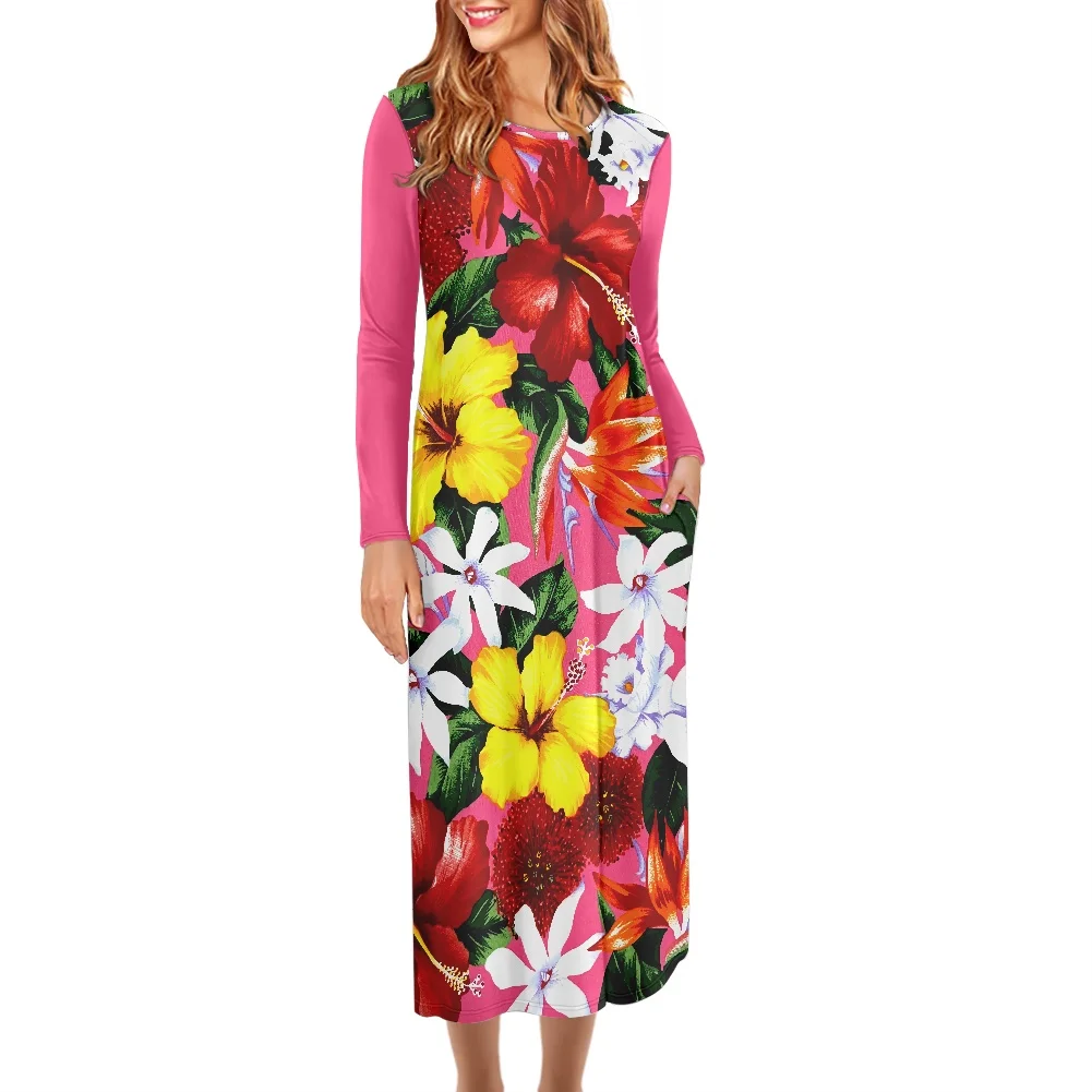 Tropical Floral Bright Design Print Dress Women Gowns Evening Dresses Plus Size O-neck Long Sleeve Casual Dress With Pockets