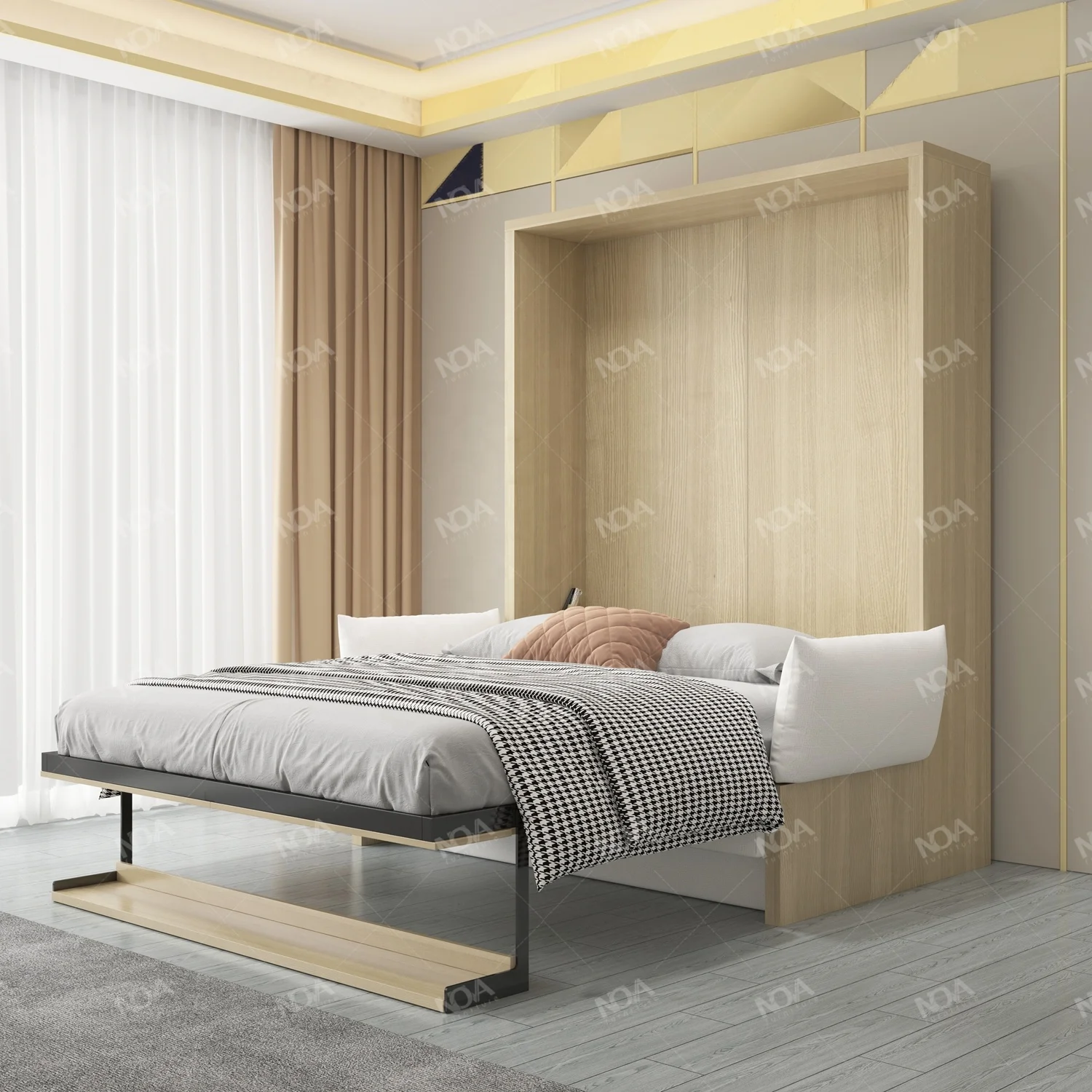 NOVA Portable Space Saving Murphy Wall Bed Folding Bedroom Furniture Natural Color Queen Wall Melamine Bed Frames With Sofa Set