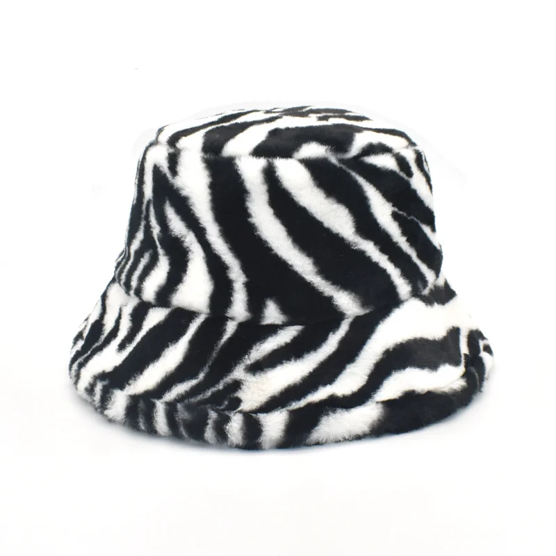 Winter Plush Zebra Pattern Bucket Hat Fashion Furry Cow Warm Bucket Hat