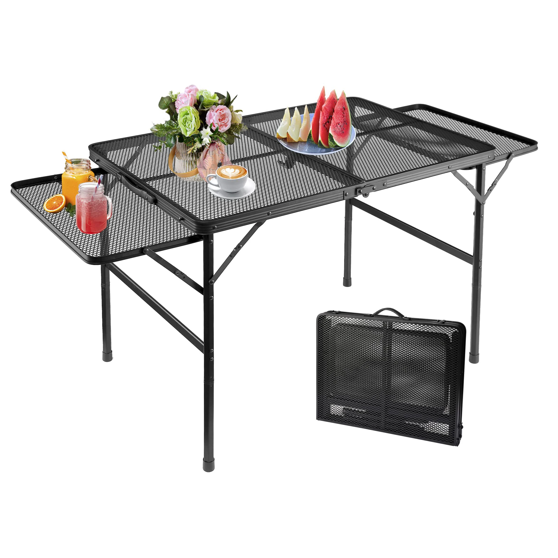 Outdoor Bbq Aluminum Strong Steel Mesh Family Camping Adjustable Table With 2 Wing Panels Folding Picnic Grill Table