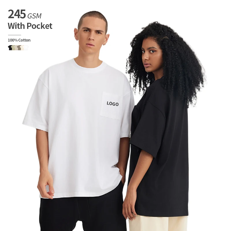 custom t shirt wide collar with pockets oversized streetwear heavyweight 100%cotton clothing manufacturers