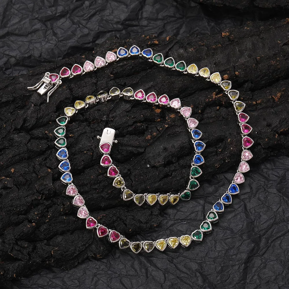 Trendy 2022 Fashion Summer Hip Hop Jewelry Iced Out Diamond Bezel Setting Necklace 5mm Rainbow Heart Tennis Chains for Women Men