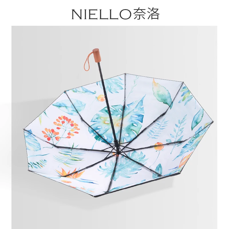 best hot sale green palms leaves printing raines umbrella wooden handle Manual 3 fold umbrella for gift