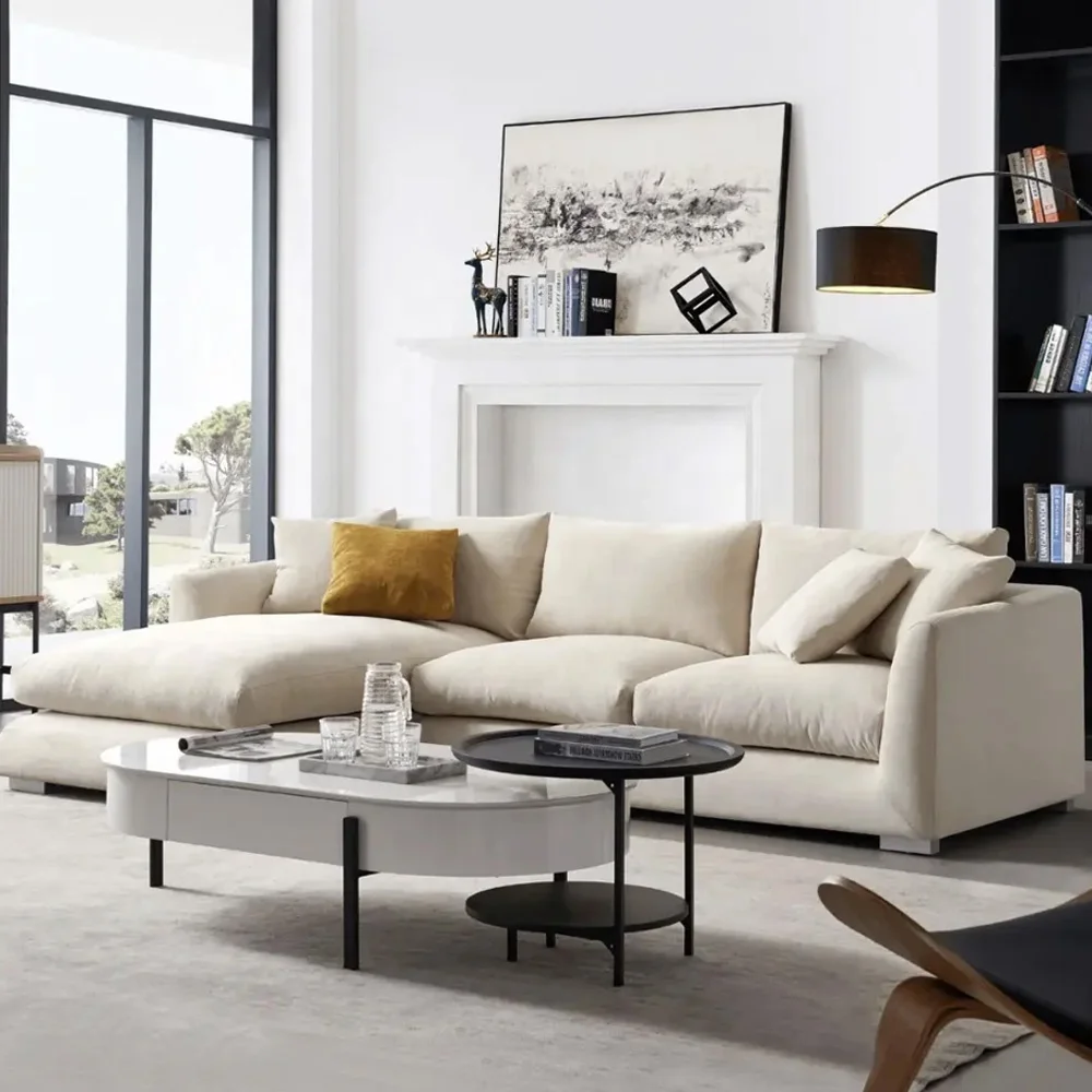 Modern Home Living Room Sofa Set Furniture White Linen Feather Cream Beige Fabric L Shaped Corner Modular Couches Sectional Sofa