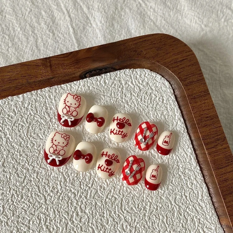 French Almond Coffin Design Short Artificial Fingernails High Quality Red ABS Press-On Nail Art Gold Glitter Star Pattern