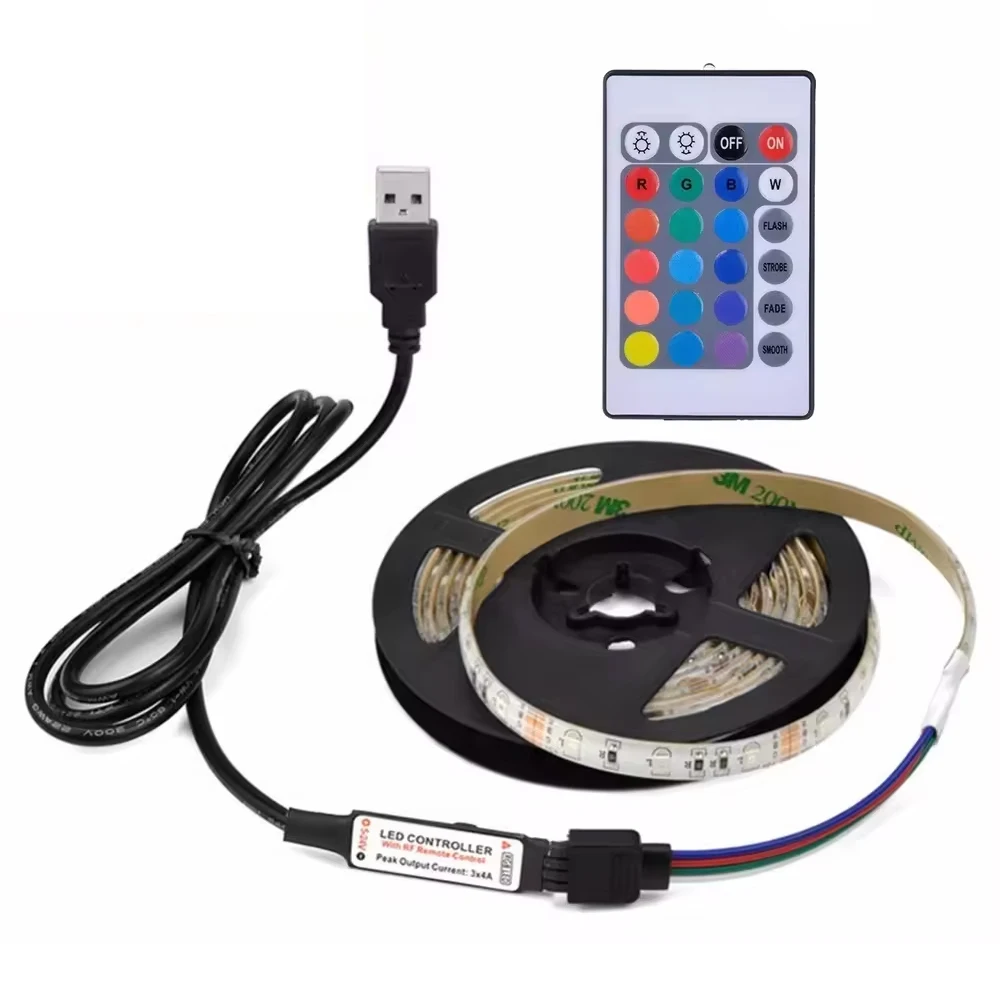 5V RGB LED Strip Set 5050 Waterproof Color USB 24 Key Remote Control TV Ambient Light IP65 Rating 1m Room Ambient Lighting