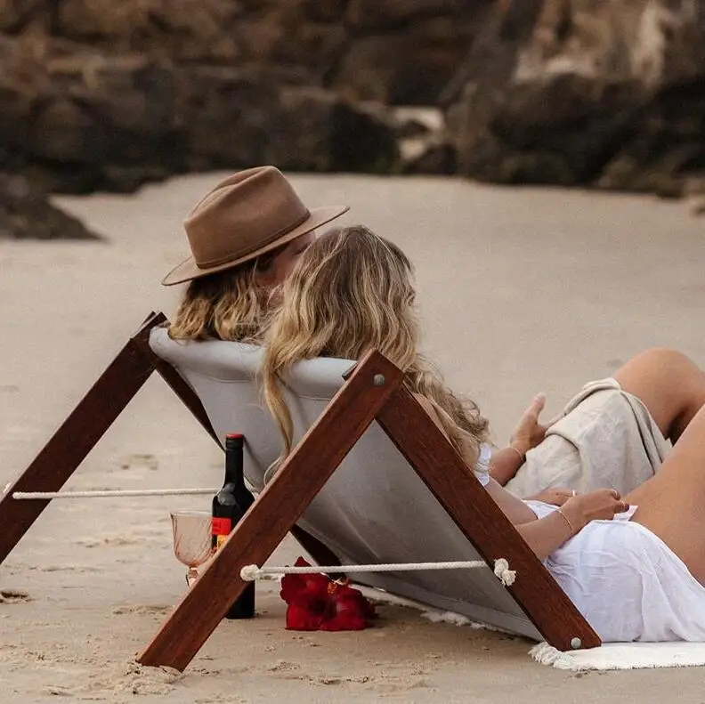 BR Large Sand free Waterproof 2 Adult Padded Beach Mat Chairs Picnic Blanket Outdoor Wooden Frame Canvas Sun Bed Lounge Recliner