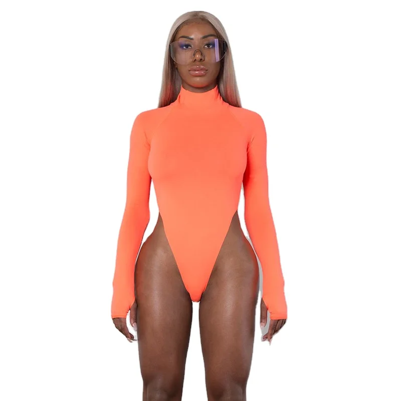Good Sale Neon Green Sexy Lady Jumpsuit Fluorescent Turtleneck High Cut Long Sleeve Thong One Piece Bodysuit Women