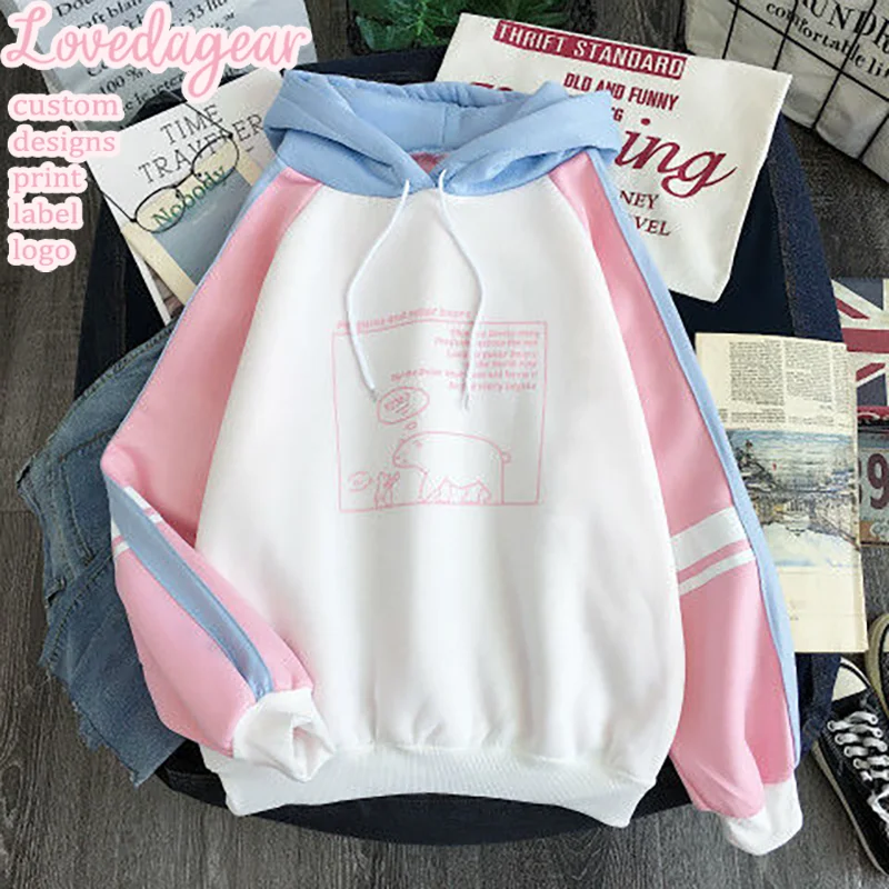 Loveda Custom Women Fashion Cute Cartoon Long Sleeve Pullover Kawaii Animal Print Color Matching Hoodie With Drawstring