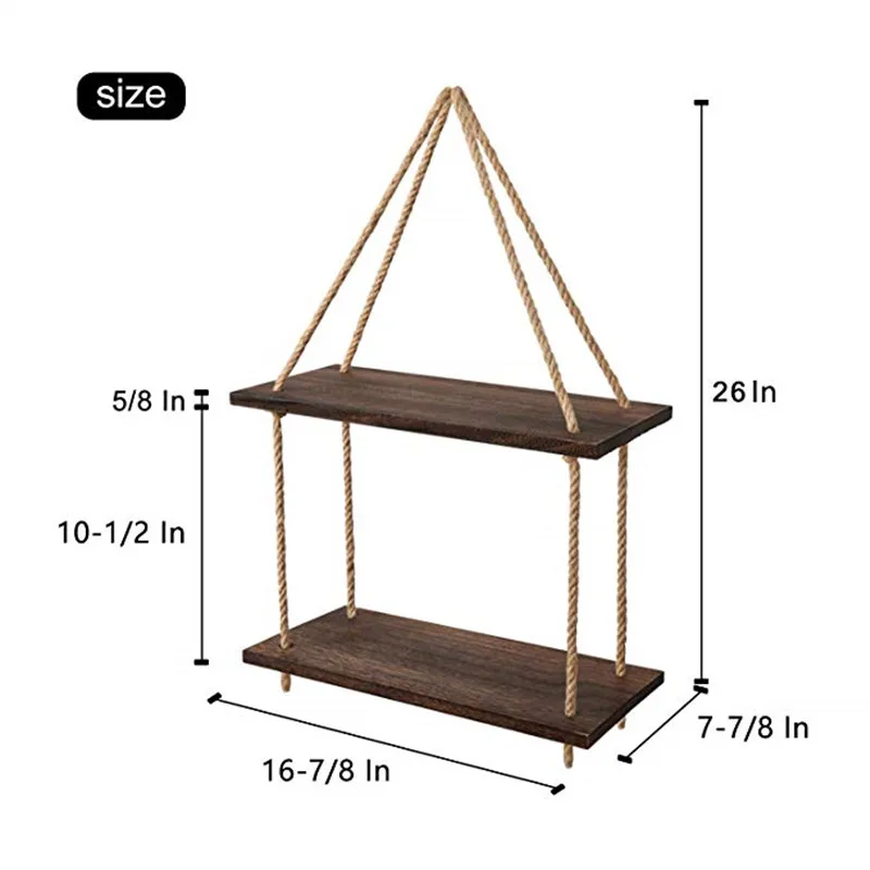 Custom Easy To Install Home Decor Rope Black Walnut Wooden Wall Hanging Floating Shelve