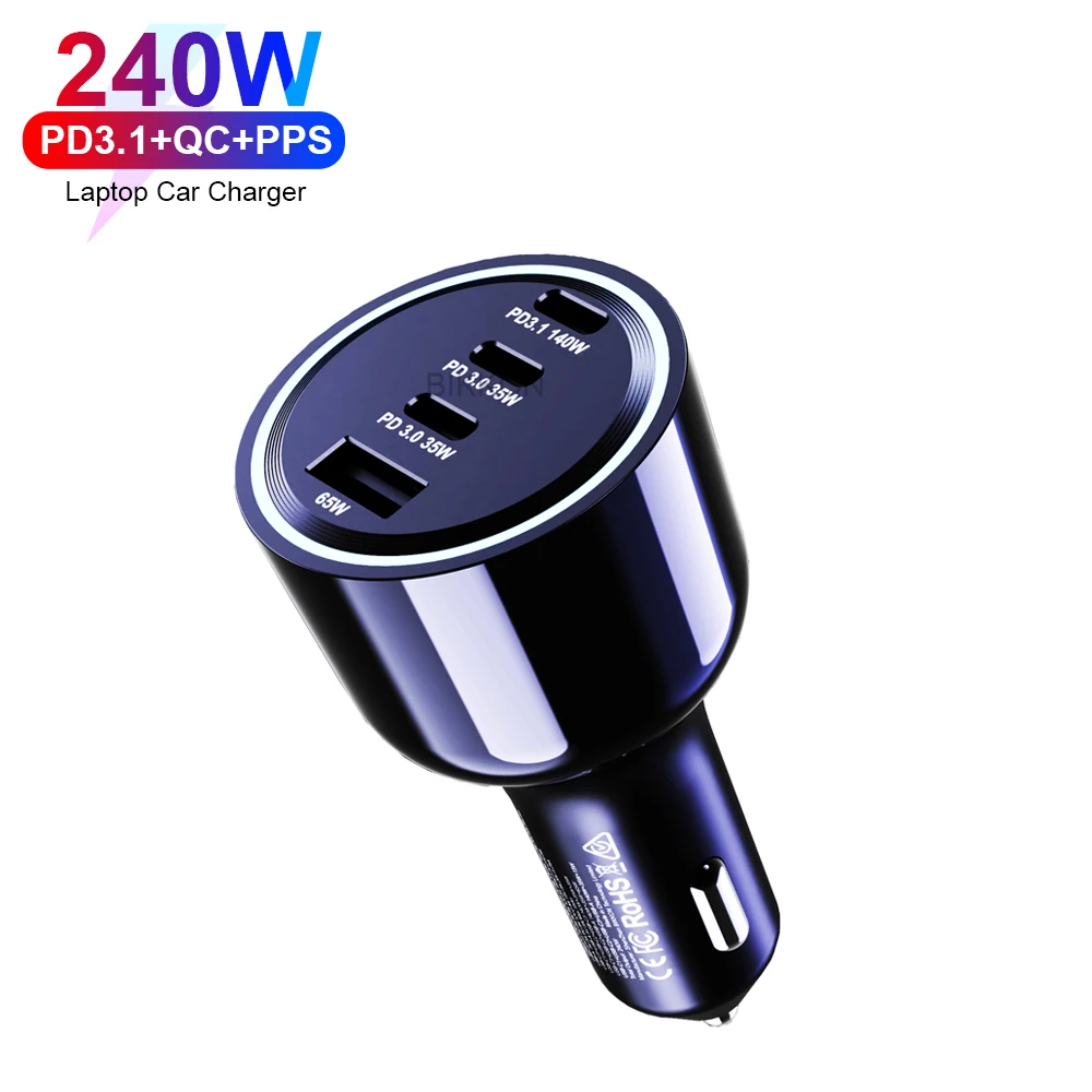 140W PD3.1 High Power Quick 165W Car Charger 2 USB C Ports Fast Phone Charging 100W 65W Type C Power Car Adapter for Macbook