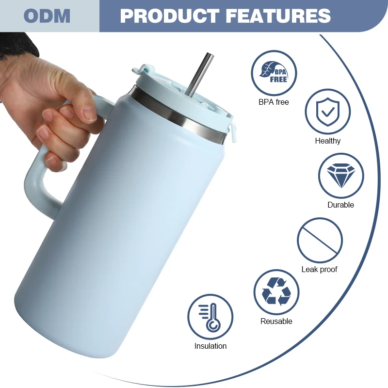 ODM 64oz Eco-friendly Sports Food Grade Stainless Steel Vacuum Insulated Coffee Tumbler Travel Mug with straw and handle and lid