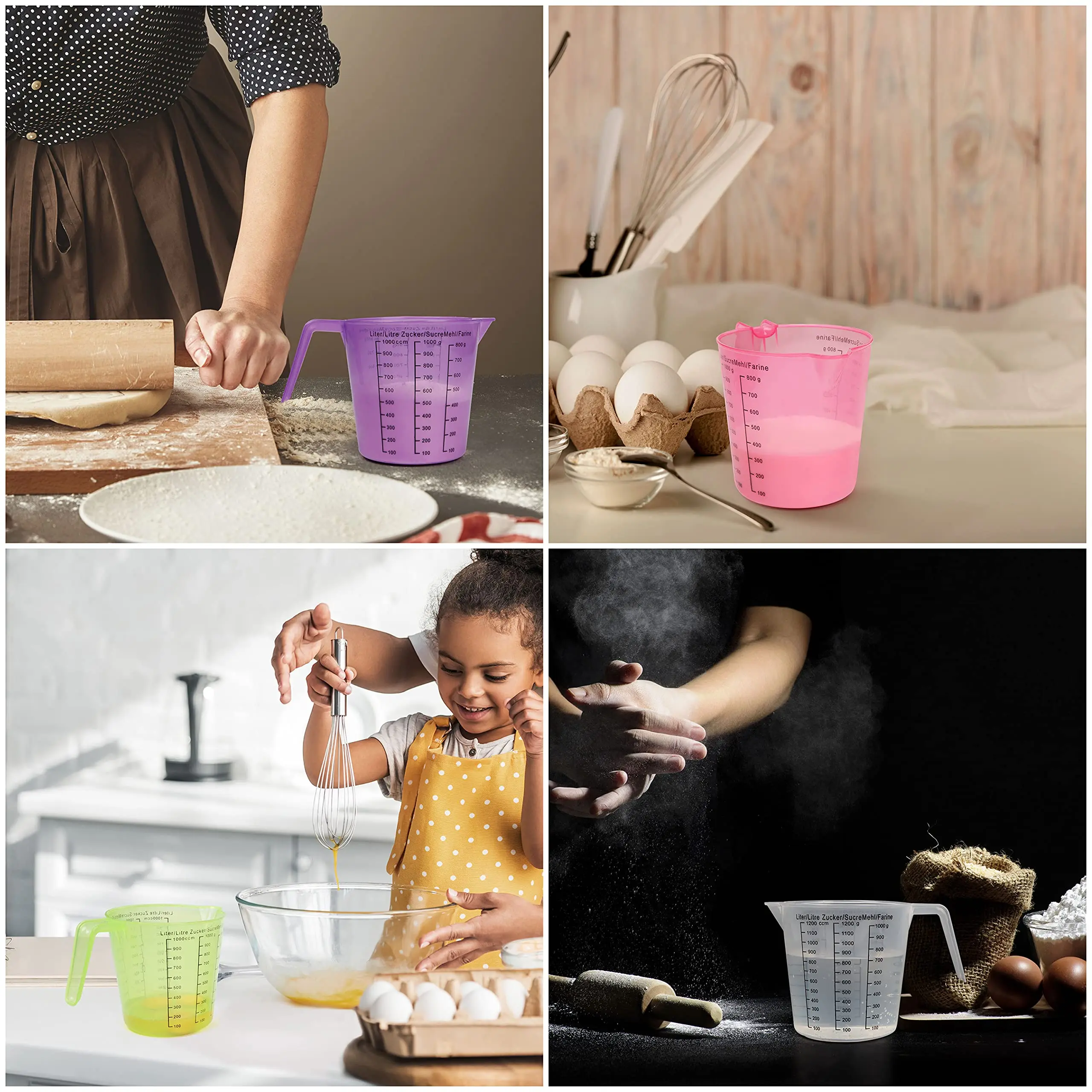 NISEVEN 4pcs/Set 1 Litre Plastic Measuring Cup BPA Free Stackable Measure Cup with Spout & Handle Clear Plastic Measuring Jug