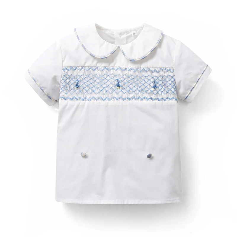 Baby Boy Spanish Kids Clothes Set Children Hand Made Summer White Embroidery Shirt Peter Pan Collar Smocked Clothing Suit